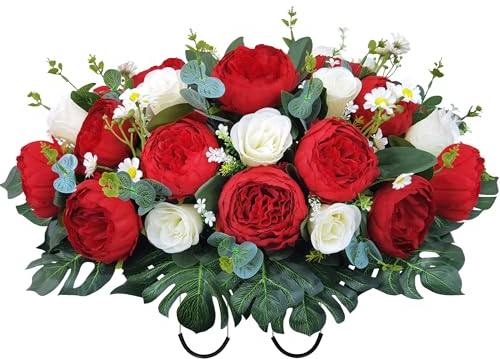 AILVEMEE Saddle Flowers for Headstone,Artificial Cemetery Flowers,Headstone Flower Saddle for Graves-Florist Handmade,Easy Fit Firmly,Non-Bleed Colors:Red Peony,White Rose Mixed Arrange