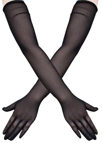SAVOSWEET Gants d'Opéra en Dentelle 67cm de Long - Demi-Doigts Tulle Extensible Lisse pour Femme, Mariée - Noir - Halloween et Fête Costumée