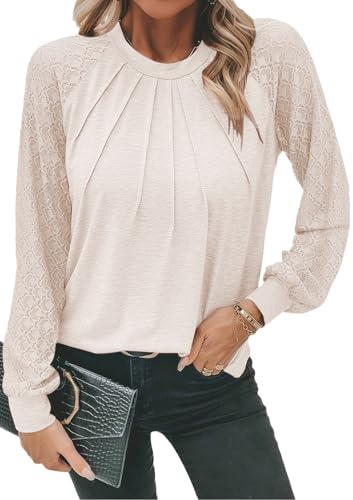 Chicrise Blusas De Mujer Elegantes Cuello Redondo Camisa Manga Larga Encaje Tshirt Informal Holgado Albaricoque Medio 38-40