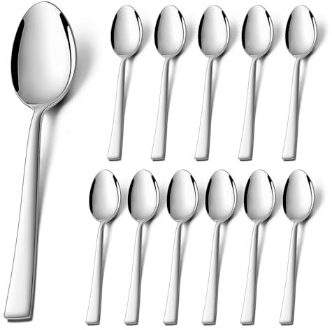 Teelöffel 12 Stück, Onader Edelstahl Kaffeelöffel Esslöffel Set, Klein Löffel mit Quadratischer Griff für Party, Hause, Restaurant, Gesunde & Hochglanzpoliert, Spülmaschinenfest - 14cm