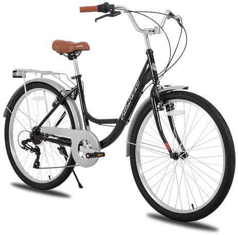 HH HILAND 26 inch Complete Beach Cruiser Bike for Adults, 7 Speed Step-Through Frame Womens Bicycle with Rear Rack, Retro Style Bike Commuter City Bicycle for Men, Black