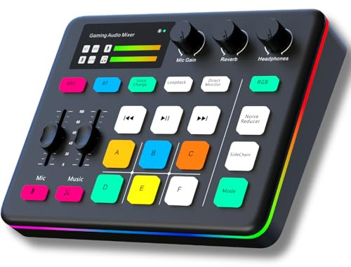HOSONGIN Gaming Audio Mixer, Audio Interface with Pro-preamp, Voice Changer & DJ Mixer Effects, 48V Phantom Power, Bluetooth & RGB Live Sound Card for Streaming, Podcasting, Gaming