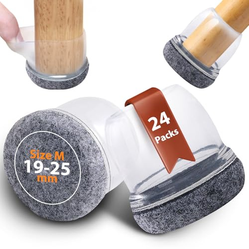 Protector de Patas para Sillas 24 Piezas, Base Fieltro 360° Lavable, Ajuste 19-25mm Patas Redondas/Mesas, Libre de PVC y Ftalatos, Antideslizante