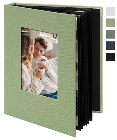 Remowith Small 4x6 Photo Album 24 Pockets Linen Cover with Front Window Portable Mini Picture Book for Travel Wedding Memories Organizer Light Green