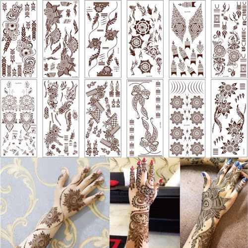 XMASIR 12 Feuilles Tatouage Temporaire pour Femme Filles, Faux Tatouage Ephemere Mandala Fleur Tatouage Autocollant Indienne taouages pour Mariage Main Art (Nouveau brun)