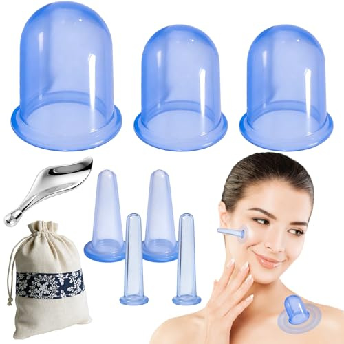 Juego de 7 ventosas de silicona y Gua Sha, ventosas de silicona con bolsa de almacenamiento, piedras Gua Sha, diferentes tamaños, antitensión y celulitis para ojos, cuerpo
