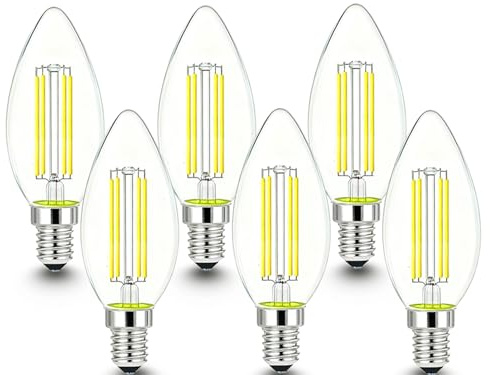 Adzok E14 European Base Bulb,40W Equivalent,Filament Clear Glass,450LM Candle Bulb, Daylight White 6000K,for Chandeliers,Pendant,Ceiling Fan Pack of 6