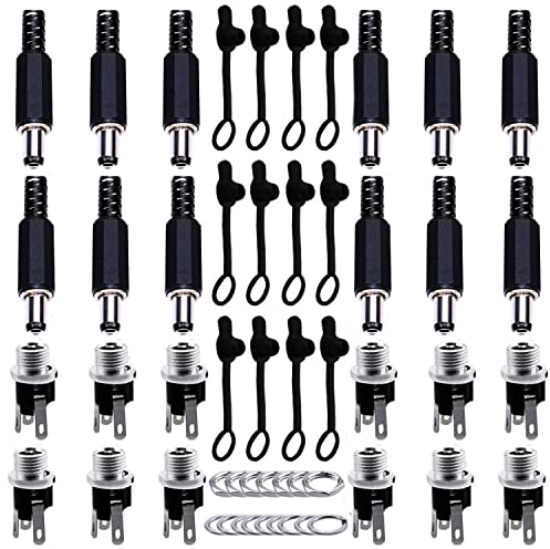 RUNCCI-YUN 5.5MM x 2.5MM, 5MM x 2.1MM 12 Pack Male DC Power Plug Solder Power Jack Adapter, Female DC Panel Socket Mount Adapter Solder+ 12 Pack Rubber Protector Caps for Audio/Video/Phone/CCTV
