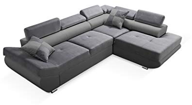 Robin Saturn Ecksofa mit Schlaffunktion Bettkasten 5 Verstellbare Kopfstützen 2 Kissen Sofa L-Form Schlafsofa Freistehende Eckcouch Schlafcouch Wohnzimmermöbel Wohnlandschaft Rechts Grau Schwarz