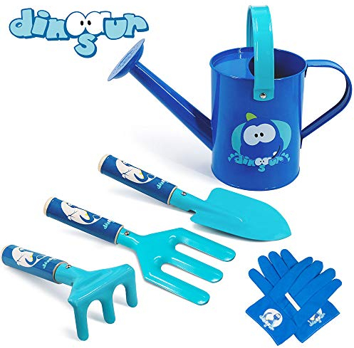 Colwelt Kinder-Garten-Set, 5-teilig, niedliche Metall-Gartengeräte für Kinder, inklusive Metall-Gießkanne, Holzgriff, Kelle, Gabel, Rechen, Handschuhe, Kinder-Gartengeräte (blau)