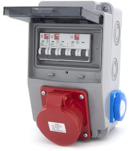 Distribuidor de obra con cable divisor de pared con fusibles y tomas de 2 x 230 V + CEE 32 A+ fusibles, IP54, para interior y exterior (1 CEE 32A + LS C32 + 2 x 230 V + 2 x LS C16)