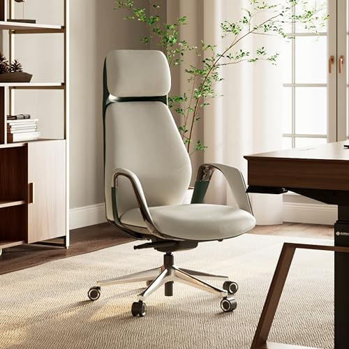 EUREKA ERGONOMIC Comfortable Office Chair Ergonomic Desk Chair, Genuine Leather Office Chair Big and Tall Executive Chair with Lumbar Support, Modern Ergonomic Chair with Wheels for Home Office- Beige