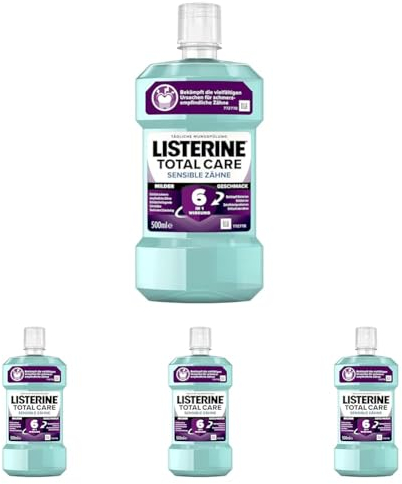 LISTERINE Total Care Sensible Zähne (500 ml), antibakterielle Mundspülung für schmerzempfindliche Zähne mit 6 in 1 Wirkung, mildes Mundwasser schützt vor Zahnfleischproblemen (Packung mit 4)