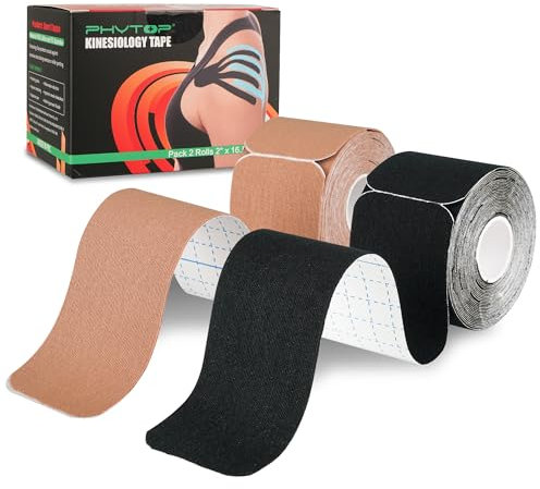 PHYTOP Cinta Kinesiológica (40 Tiras, 25 Cm X 5 Cm) | Kinesiotape Sin Látex Para Deportes | Vendaje Neuromuscular Ideal Para Soporte De Rodilla, Hombro Y Codo (Negro y Beige)