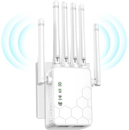Repetidor WiFi,Amplificador señal WiFi, última tecnología de 6 Antenas para una Cobertura Total, 10000Sq.in área de Cobertura, soporta hasta 45 Dispositivos, Equipado con 2 Puertos Ethernet.