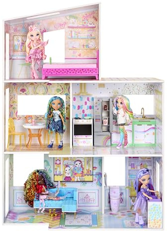 Maison de Poupée à 3 Étages Rainbow High Color & Play - Coloriez Les Murs et Les Sols avec des Marqueurs Lavables, Ensemble en Bois avec Meubles et Accessoires, Un Cadeau Amusant dès 4 Ans