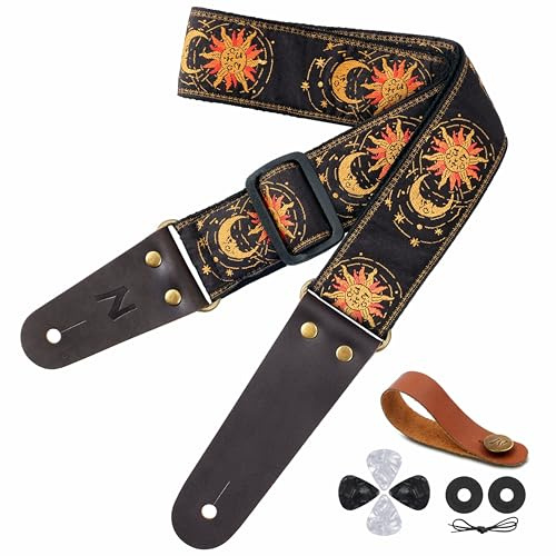 Nefelibata Gitarrengurt, Sonne & Mond Stickerei Gitarrengurte mit Kopf Rindsleder Enden für Bass, elektrische & akustische Gitarren, kostenlose Gurtknopf, 1 Paar Gurtschlösser und 4 Gitarrenplektren