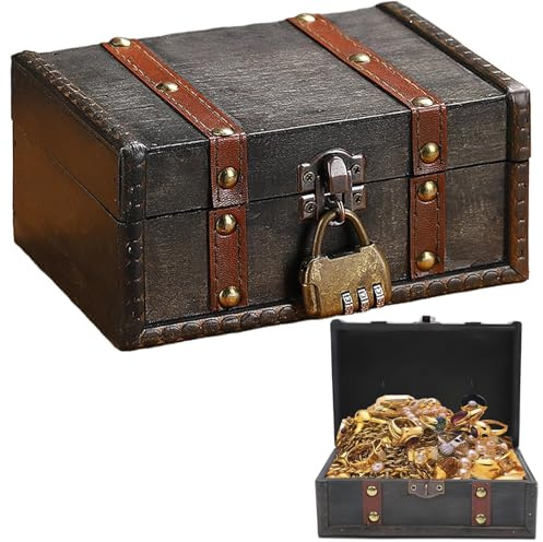 Coffre au trésor, pour anniversaire d'enfant, avec serrure, style rétro, gris, 16,7 x 11 x 8 cm, mini coffre au trésor, en bois, pour fête d'enfants, rangement de bijoux, petits objets