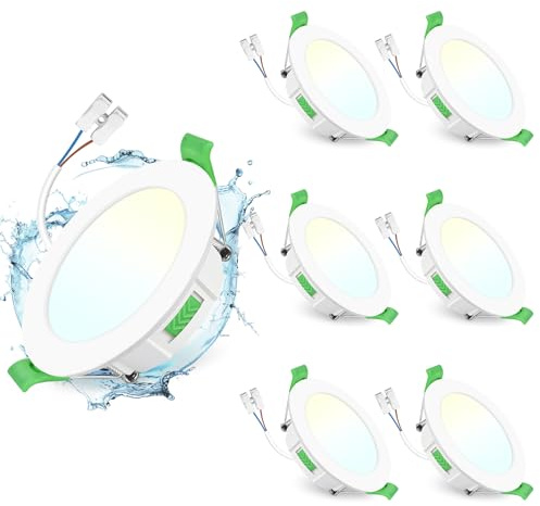 GeyouLux Pack 6 Downlight LED Techo Empotrable, 7W IP44 Ultrafino Spot Encastrable Corte 65-75mm, 2700K/4000K/6500K Focos LED Interior Techo, Blanco Regulable 10-100% Ojos de Buey LED