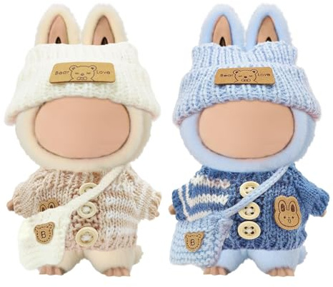 YAUOIPI 6 Pezzi Vestiti per Bambole di Peluche da 17 cm, Abiti per Bambole Lavorato a Maglia, Compresi Cappelli Vestiti e Zaini, DIY Peluche Abbigliamento, Accessori per Bambole (Blu, Bianco)