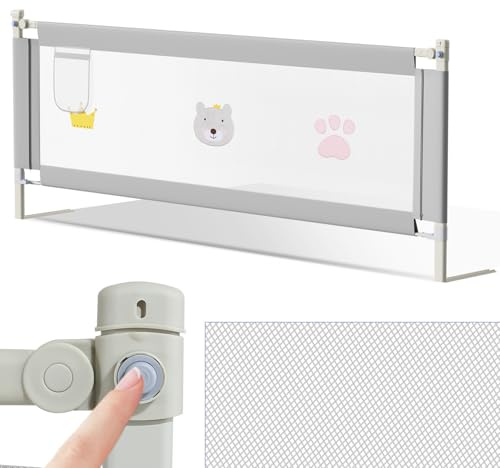 Hebitod Barrera de cama para bebé, 150 × 70 cm, altura ajustable, barrera protectora para cuna de 70 – 98 cm, con cierre de seguridad, marco de acero resistente, color gris