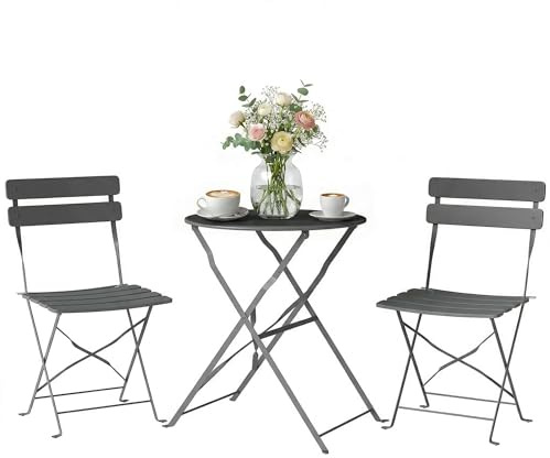 Outsunny 3 Piece Folding Bistro Set Round Bistro Table Set Grey | 2 Chairs, Electrophoresis Metal Frame, Small Outdoor Garden Furniture Conversation, for Patio Balcony Porch