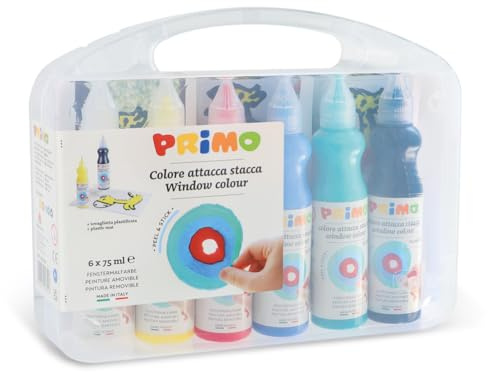 Primo - Malkoffer für Kinder ab 4 Jahren, 6 Acrylfarben Set, Farbaufkleber 75 ml, Acrylmalfarbe für Sticker auf Glasaufkleber und Mehr und Kreative Bastelarbeiten, Malset mit Window Color