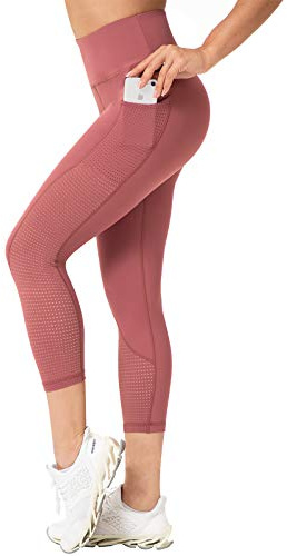 RAYPOSE Leggings de entrenamiento para mujer con bolsillos, talla grande, para gimnasio, cintura alta, pantalones capri de yoga para mujer con corte de malla, Rosado, Small