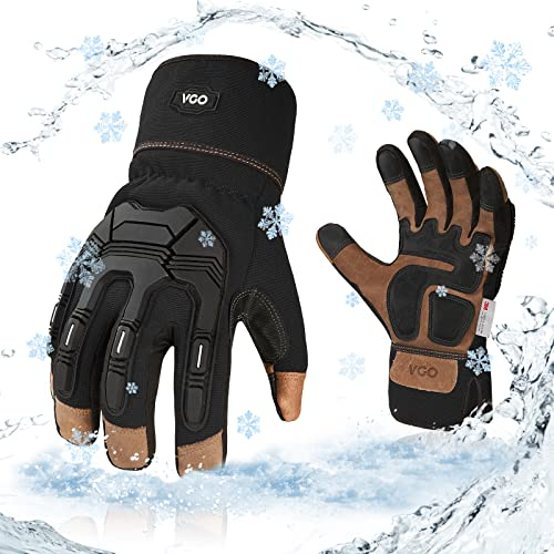 Vgo... Winter Work Gloves Waterproof Touchscreen,Thermal Heavy Duty Gloves TPR Anti-impact Anti-Vibration for Trucker Freezer Delivery Warehouse, 1pair