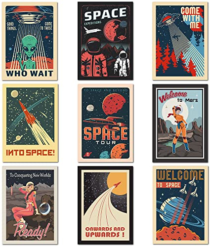 Olivia Samuel 9 x Space Wall Art from A4 Size Wall Art on Thick 350gsm Card. Vintage Retro Style Astronaut Poster Designs. ** UNFRAMED **