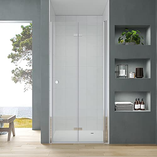 Duschfalttür 80 cm breit Duschfaltwand für Dusche Falttür Nische Nischenfalttür Nischendrehtür 180° faltbar klappbar Duschtrennwand Duschtür Glas rahmenlos aus Sicherheitsglas klar