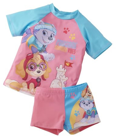 United Labels Paw Patrol - Bañador de dos piezas con protección UV 50+ para niña, color rosa, con camiseta y pantalón, color rosa, rosa/azul, 98-104