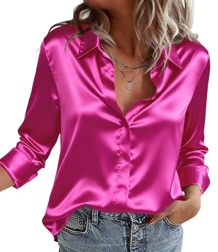 Zeagoo Hot Pink Tops for Women Satin Blouse Long Sleeve Silk Button Down Shirts Business Work Outfits