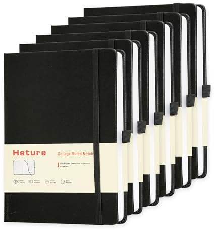 Heture Hardcover Notebooks, 6 Packs A5 Lined Journals Notebook for Writing 160 Pages, 8.2 x 5.5 inch, Black Classic Ruled Notebooks for College/Work/Travel (Black-6 Pack)