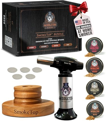 SmokeTop Cocktailrökkit och fackla, presentset med körsbär, hickory, lönn och ekträchips – används för gammaldags cocktail, whisky och bourbon – whiskygåva för män – inget butan ingår