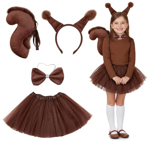 Gibocot Déguisement d'écureuil 4 pièces pour enfants comprenant oreilles d'écureuil, bandeau, tutu, queue, nœud papillon, accessoires pour filles de 4 à 9 ans, carnaval, fête mondiale du livre,