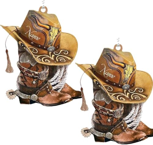 2 adornos colgantes de botas de vaquero para árbol de Navidad, botas de vaquero y sombrero, accesorios de espejo retrovisor de coche, decoración de Navidad, botas y sombreros de vaquero