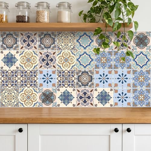 Moroccan Peel and Stick Vinyl Decals 30-Pack, 4x4 Inch – Decorative Wall Stickers for Kitchen, Bathroom, Stairs & Furniture, Waterproof Removable Home Décor
