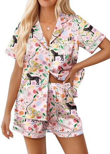 Ekouaer Womens Silk Pajama Sets Button Up Satin Pjs Short Sleeve 2 Piece Pj Sets Cute Lounge Sets with Chest Pocket Pink Leopard