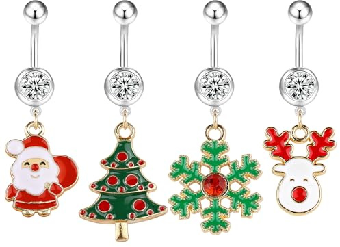 AOVNA Piercing per ombelico in acciaio chirurgico, con fiocco di neve, albero di Natale, alce, pupazzo di neve, 4 pezzi