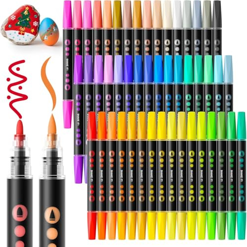 SUNEE Acrylstifte Set, 48 Farben Dual Tip Acrylic Marker Stifte mit Bullet und Pinselspitze, Erwachsene ein wasserfeste, Holz