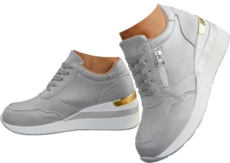 Xbemkste Damsneakers, kilklack, platå, fritidsskor med dragkedja, andningsbara, snörskor, löparskor, sneakers, dam, platåskor, bekväma sportskor, GRÅ, 38.5 EU