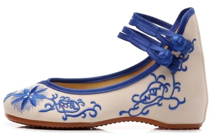 FQLGJMY Chinois pour Femmes brodé Plats Asiatique Traditionnelle Mary Jane Brida Ballet Yoga Chaussures avec Semelle en Caoutchouc Bouton Grenouille