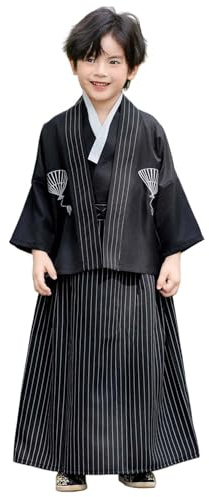 YEMYIQZ Boy Kimono Set Samurai Costume Suits Japanese Warrior Long Sleeve Top Coat Vest Pants Fan Anime Cosplay Halloween (Black, S)
