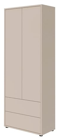 mokebo Hochschrank Kaschmir (70x188 cm) 'Der Aufrechte' aus Holz mit 2 Türen & Schubladen, Made in Germany, geräumiger Wohnzimmerschrank, moderner Flurschrank oder Mehrzweckschrank in Grau Beige