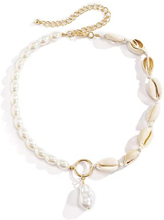 QIAMNI Collana con conchiglie, alla moda, in stile bohémien, collana girocollo con perle e conchiglie, gioielli da spiaggia per donne e ragazze, Cordoncino, Perla, perla, semplice