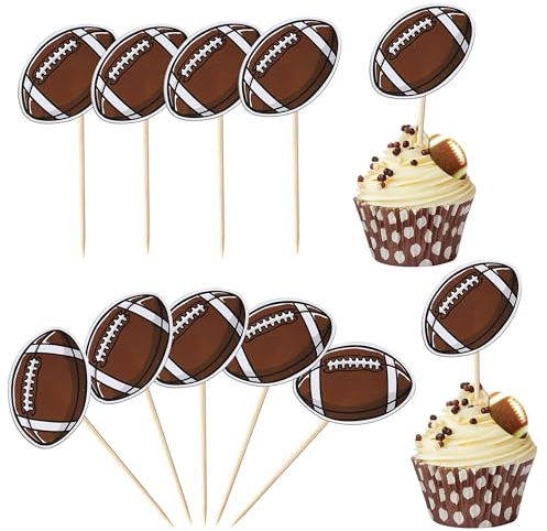 Xsstarmi 24 Pack Rugby Ball Cupcake Toppers Glitter American Football Cupcake Picks for Ball Sports Super Bowl Theme Baby Shower Kids Birthday Party Cake Decorations Supplies