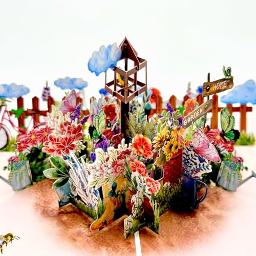 Three Dee Cards - Garden Birthday 3D Pop Up Card - For Her Him Mum Dad Fathers or Mothers Day - Husband Wife Anniversary Pop-Up - Male Female Flowers Greeting Card