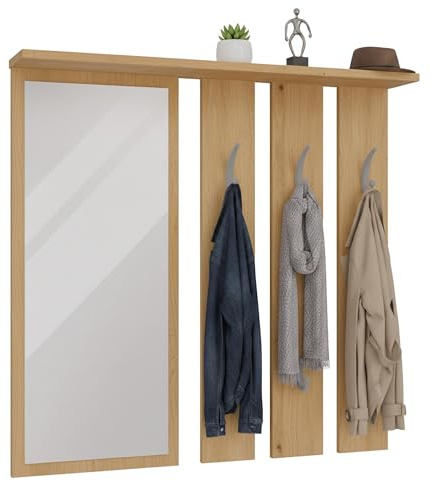 CDF Appendiabiti a Parete con Specchio e Mensola Pannello Guardaroba Moderno con 6 Ganci per Ingresso e Corridoio Organizzazione Casa Salvaspazio 85 x 15 x 82 cm - Rovere Artisan