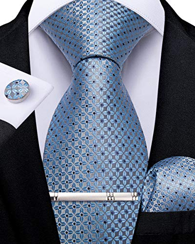 DiBanGu Herren Blaue Krawatte für Hochzeit Formelle Seide hellblau karierte Krawatte und Einstecktuch Krawattenklammer mit Manschettenknöpfen Geschenkbox-Set